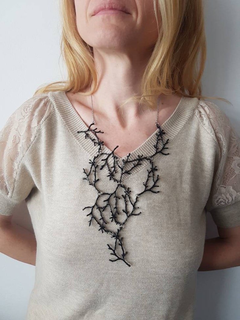 Statement Twig Necklace, Black Branch Cascading Necklace, Big Metal Bib, Oversized Nature Jewelry, Woodland Forest Jewels, Nature Lover Gift image 5