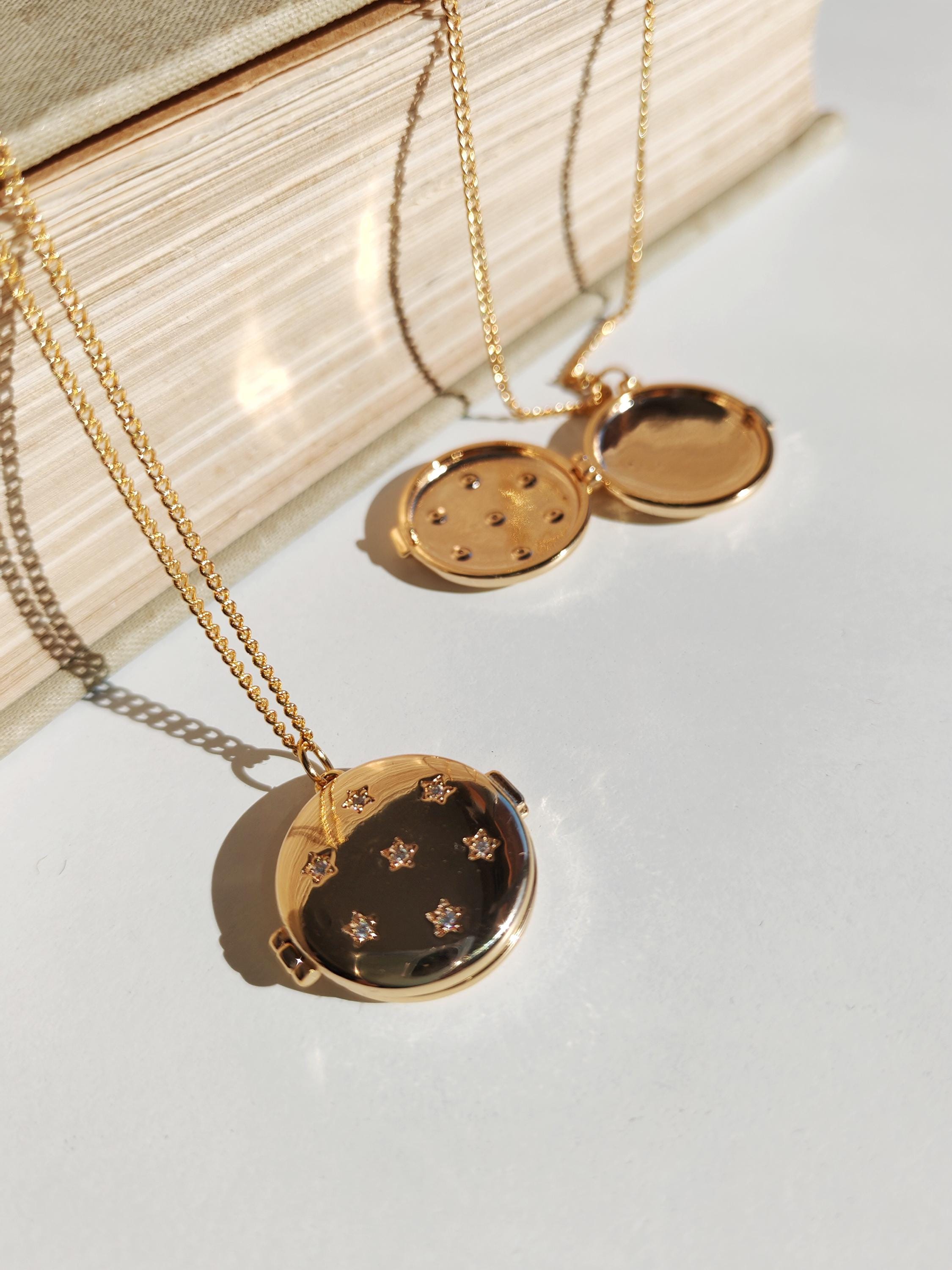 Gold Star Locket Necklace, Bold Romantic Jewelry, Long Round Photo Medallion, Celestial CZ Memory Locket, Personal Sentimental Keepsake Gift