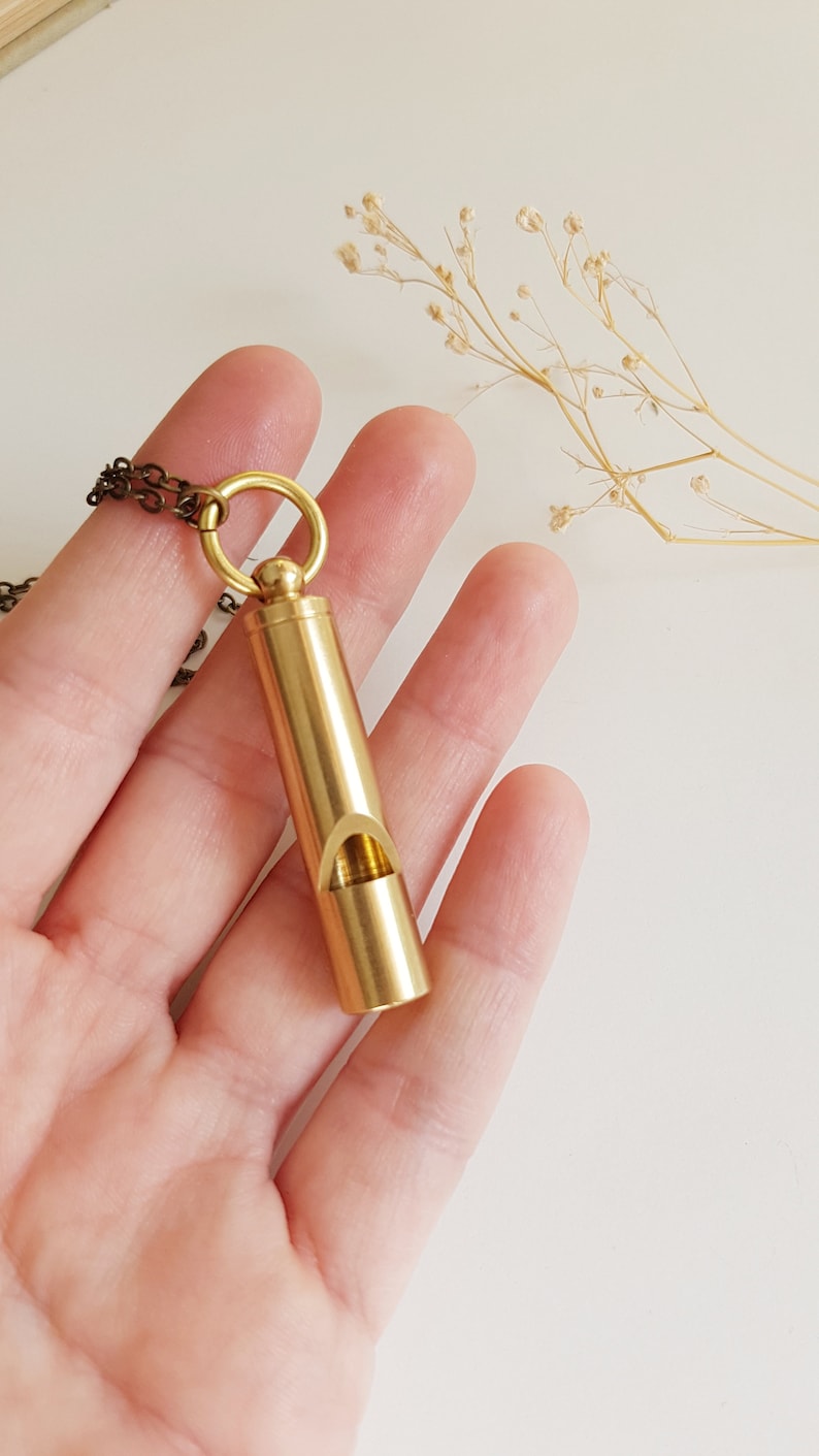 Brass Whistle Safety Necklace, Security Whistle Gift, Long Unisex Necklace, Help Emergency Brass Pendant, Layering Chain in Antique Bronze image 2