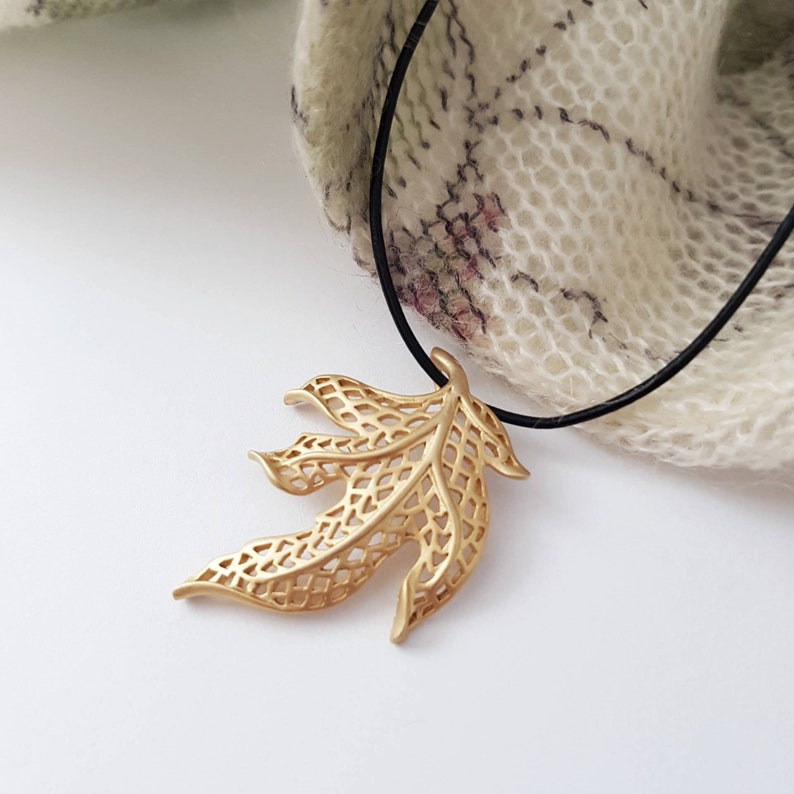 Gold Maple Leaf Necklace Filigree On Leather Cord Big - Golden Maple Leaf Pendant