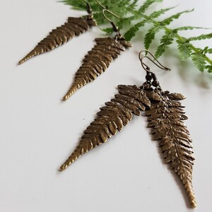 Long Fern Leaf Earrings, Forest Nature Lover, Bronze Botanical Leaves, Rustic Leaf Dangles, Woodland Boho Jewelry, Nature Cottagecore Jewels image 5