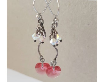 Pink Heart Earrings, Romantic Lovers Jewelry, Swarovski Crystal Puffy Heart, Sterling Silver Spiral Drops, Dainty Minimalist Women Jewelry