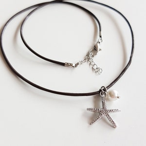 Starfish Beach Necklace on Brown Leather Cord, Gold Silver Starfish Pendant with Pearl, Bohemian Ocean Sea Lover Gift, Boho Summer Jewelry zdjęcie 8