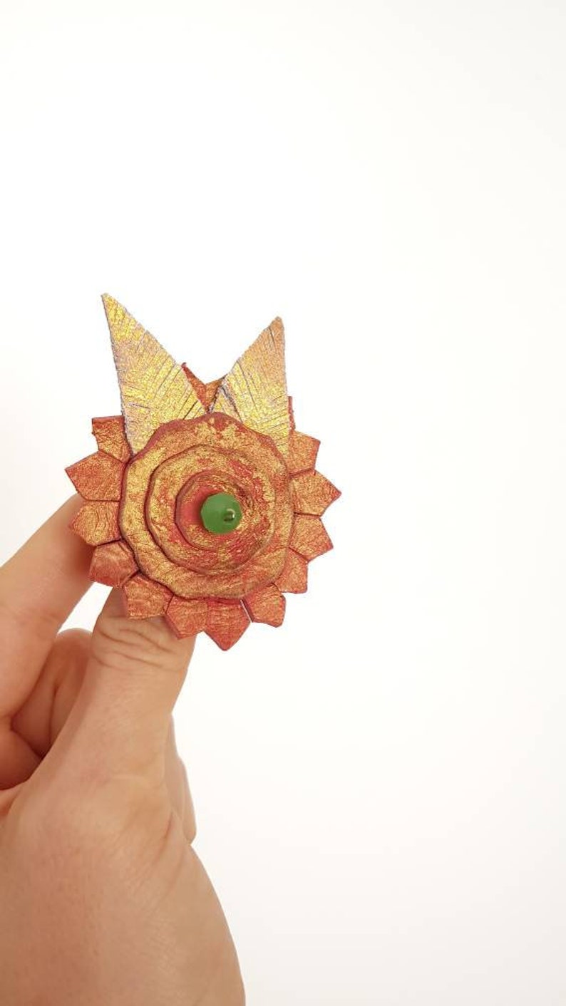 Oversized Flower Brooch, Nature Floral Jewelry, Bold Leather Accessory, Bohemian Appreciation Gift, Metallic Copper Rose Gold Statement Pin image 9