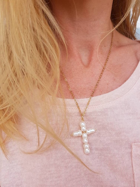 Pearl Cross Necklace Greek Cross Pendant Modern Religious Jewelry Beaded Crucifix Large Ivory Pendant with Baroque Pearls Bold Cross