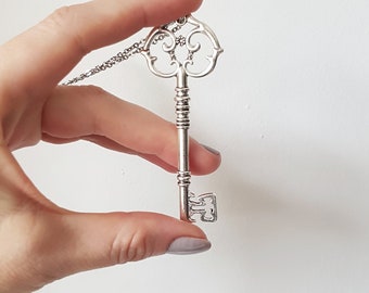 Antique Silver Skeleton Key Necklace, Ornate Victorian Key Pendant on 30" Long Chain, Secret Garden Key Gift, Fairy-tale Bold Statement Key