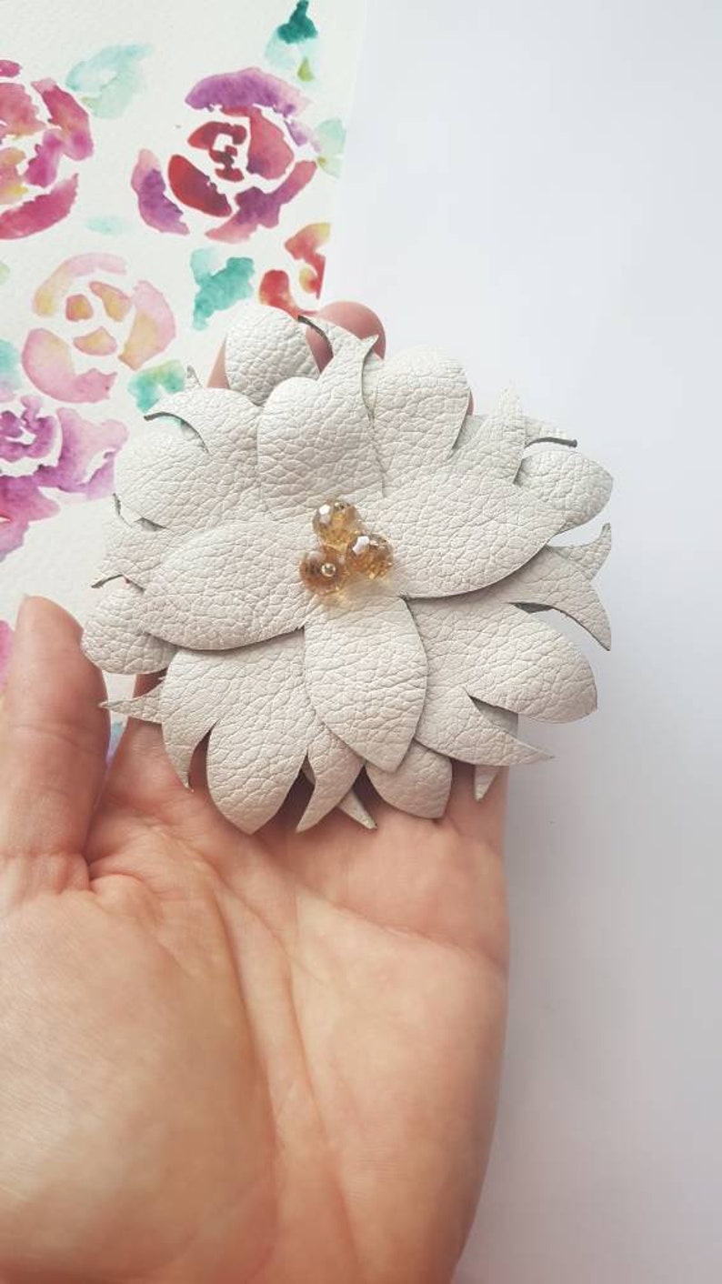 White Leather Flower Brooch, Statement Floral Pin, Bold Nature Jewelry, Oversized Leather Accessory, Nature Lover Gift, Eco Friendly Brooch image 3