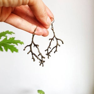 Bronze Branch Earrings, Forest Twig Dangles, Woodland Metal Tree Charms, Forest Lover Gift, Rustic Nature Jewelry, Enchanted Antlers Pendant image 8