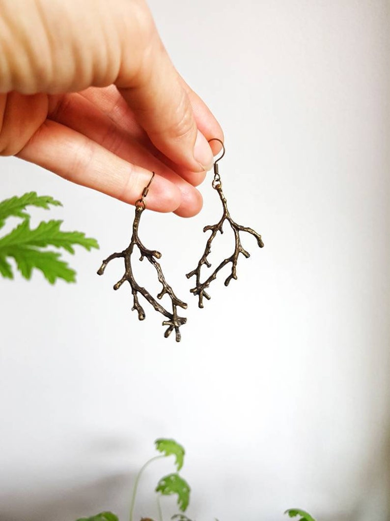 Bronze Branch Earrings, Forest Twig Dangles, Woodland Metal Tree Charms, Forest Lover Gift, Rustic Nature Jewelry, Enchanted Antlers Pendant image 8