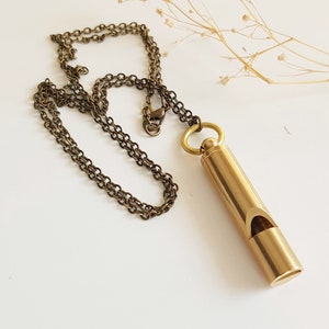 Brass Whistle Safety Necklace, Security Whistle Gift, Long Unisex Necklace, Help Emergency Brass Pendant, Layering Chain in Antique Bronze image 4