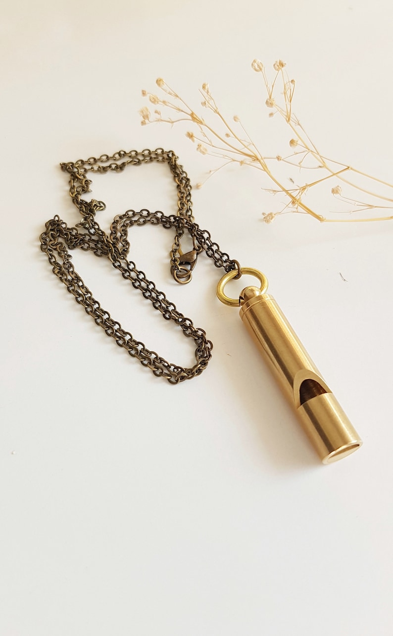 Brass Whistle Safety Necklace, Security Whistle Gift, Long Unisex Necklace, Help Emergency Brass Pendant, Layering Chain in Antique Bronze image 4