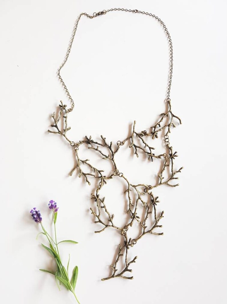 Statement Twig Necklace, Oversized Cascading Bib, Bronze Branch Necklace, Forest Nature Jewelry, Woodland Rustic Wedding, Bold Tree Collar image 2