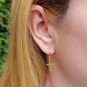 Minimalist Cross Earrings, Gold Stainless Steel Cross Dangles, Waterproof Non-tarnish Jewels, Hypoallergenic Religious Tiny Cross Ear Jewels image 8