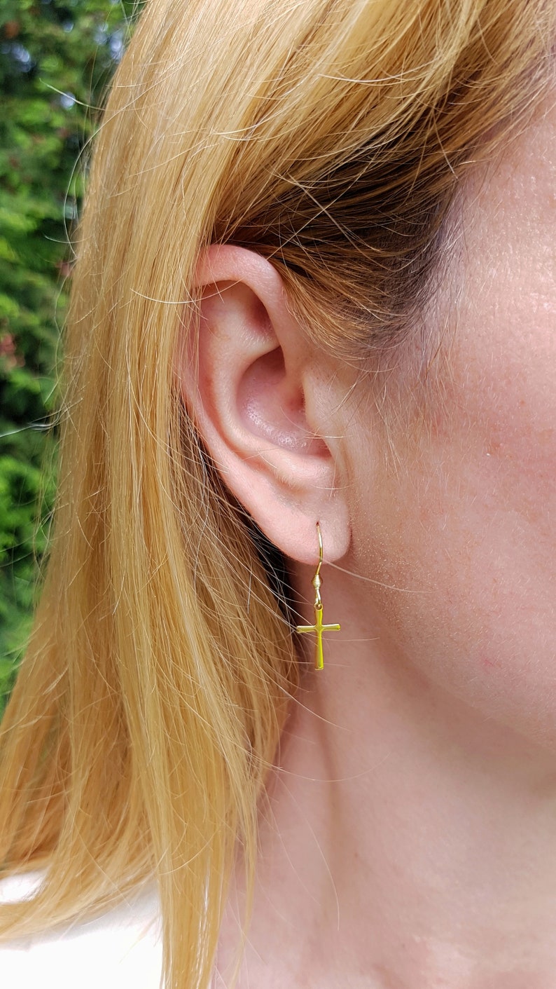 Minimalist Cross Earrings, Gold Stainless Steel Cross Dangles, Waterproof Non-tarnish Jewels, Hypoallergenic Religious Tiny Cross Ear Jewels image 8