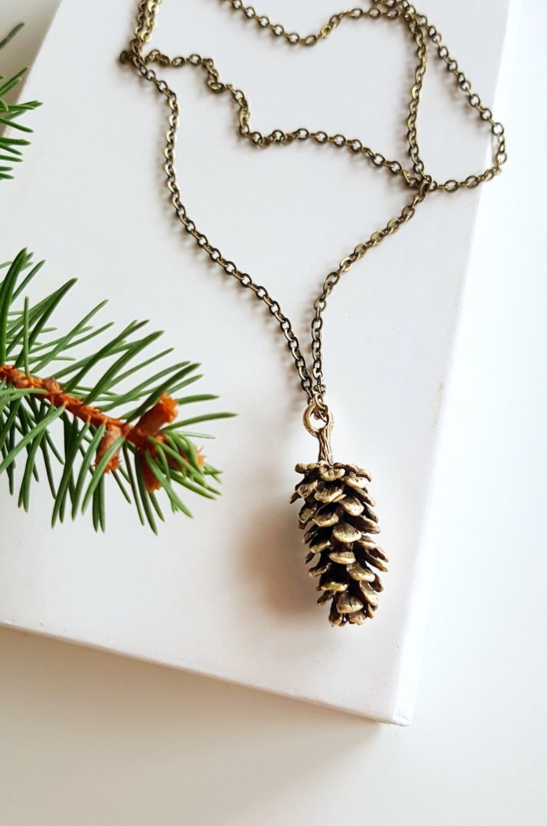 Bronze Pinecone Pendant, Long Chain Necklace, Everyday Bohemian Jewelry, Antique Bronze Woodland Layering Necklace, Rustic Forest Jewelry image 1
