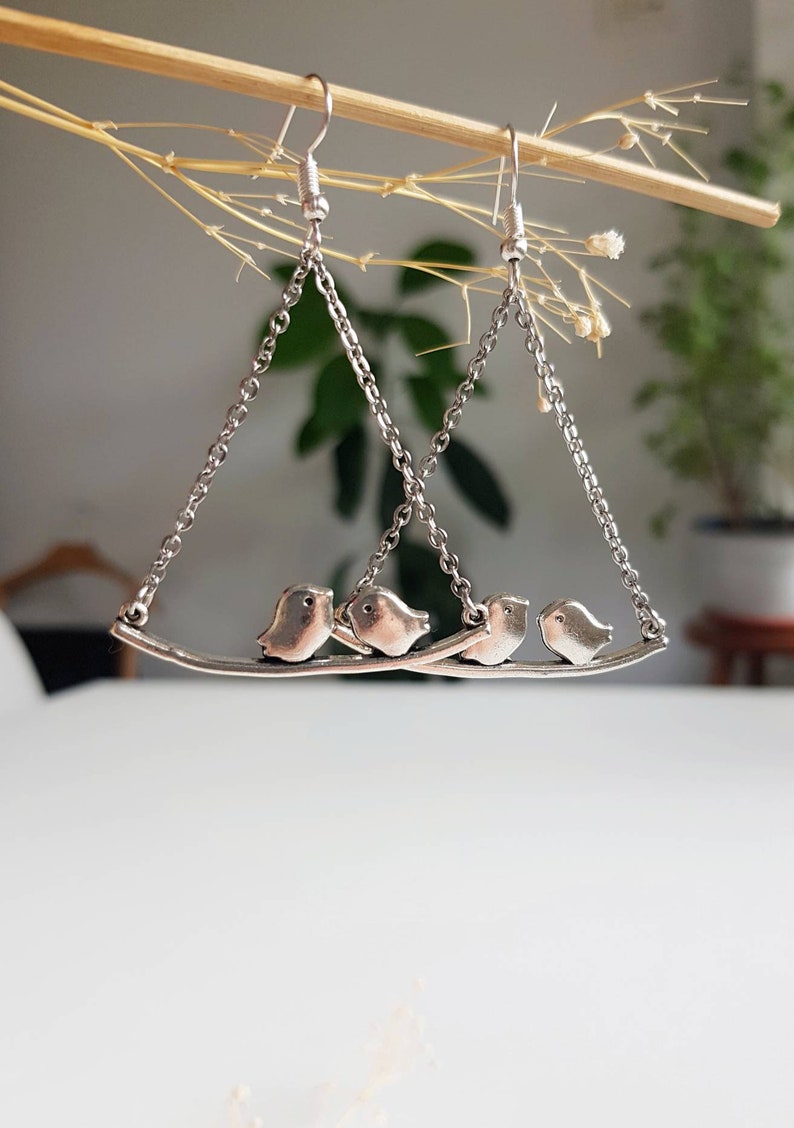 Silver Bird Chain Earrings, Lovebirds Chandelier Dangles, Dainty Bohemian Jewelry, Minimalist Nature Lover Gift, Whimsical Couples Gift Idea image 5