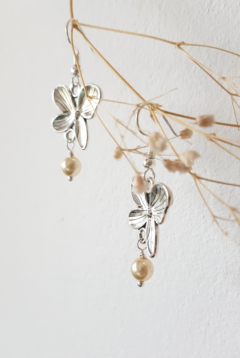 Silver Orchid Earrings with Cream Pearl, Small Pearl Cocktail Dangles, Dainty Bridal Jewelry, Nature Lover Gift, Romantic Boho Floral Drops image 8