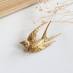 Brass Bird Brooch, Gold Swallow Pin for Shirts, Sweaters, Coat, Bird Lover Nature Lover Accessory, Flying Bird Brooch, Vintage Antique Brass image 1