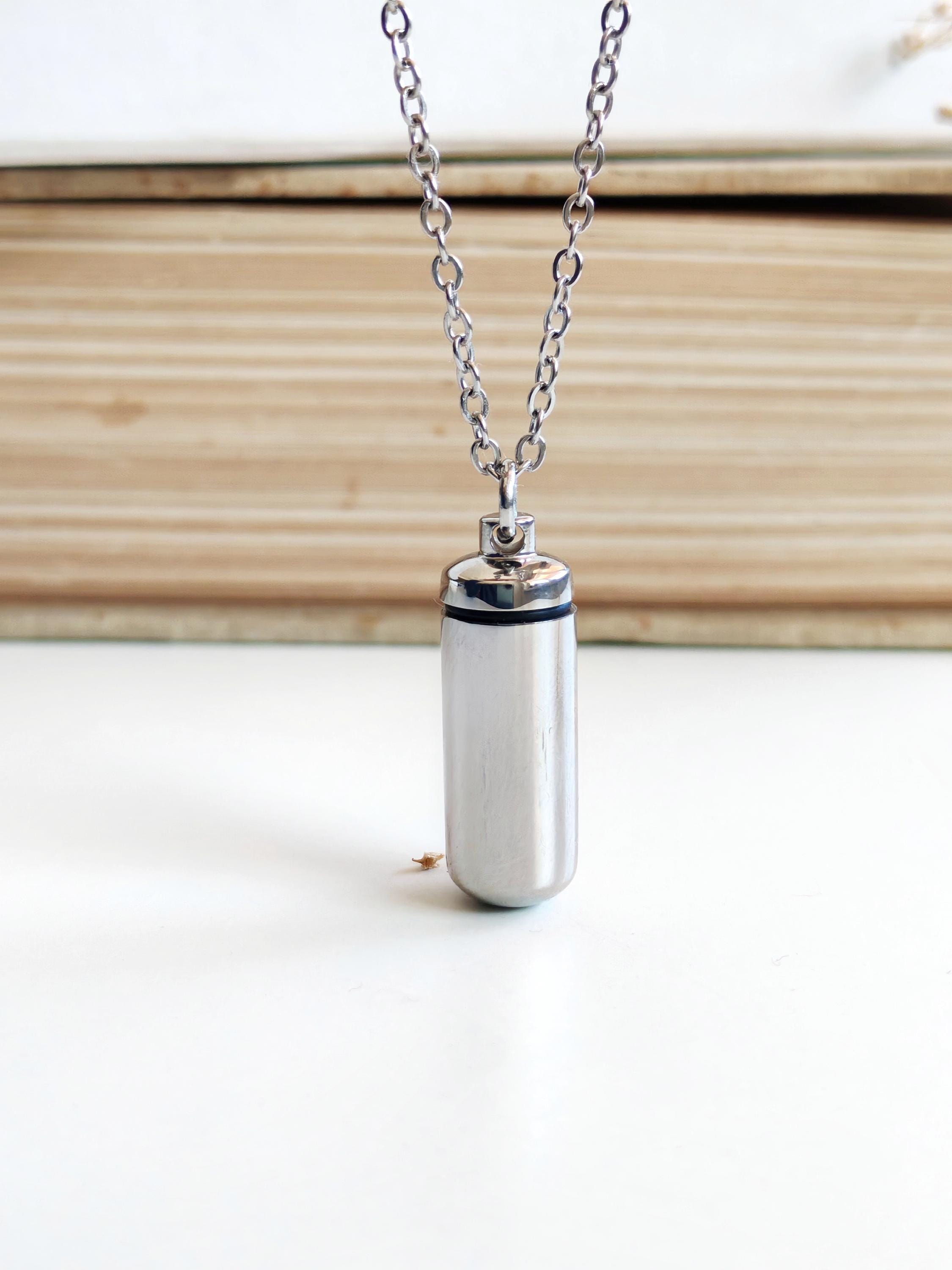 Minimalist Empty Bottle Vial Necklace, Cremation Urn Locket, Stainless Cylinder Tube Jar for Ashes, Silver Capsule Unisex Pills Key-chain