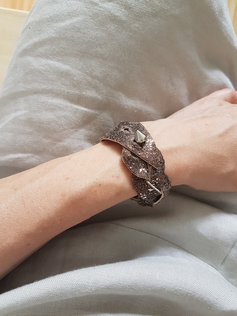 Wide Leather Cuff, Mystery Braided Bracelet, Bold Punk Armband, Copper Brown Wristband, Glitter Leather Jewelry, Statement Studded Bracelet image 2