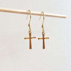 Minimalist Cross Earrings, Gold Stainless Steel Cross Dangles, Waterproof Non-tarnish Jewels, Hypoallergenic Religious Tiny Cross Ear Jewels image 3