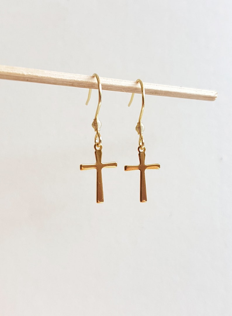 Minimalist Cross Earrings, Gold Stainless Steel Cross Dangles, Waterproof Non-tarnish Jewels, Hypoallergenic Religious Tiny Cross Ear Jewels image 3