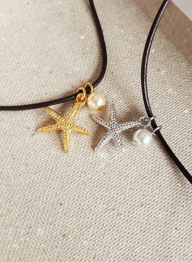 Starfish Beach Necklace on Brown Leather Cord, Gold Silver Starfish Pendant with Pearl, Bohemian Ocean Sea Lover Gift, Boho Summer Jewelry zdjęcie 3