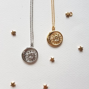 Day and Night Coin Necklace, Sun and Moon Pendant,  Symbolic Celestial Jewelry, Large Sunburst Charm, Moon Layering Necklace, Astrology Gift