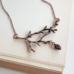 Copper Branch Necklace with Tiny Pinecone Charm, Enchanted Woodland Forest Pine-cone, Fairycore Elven Accessory, Rustic Deer Antlers Jewelry