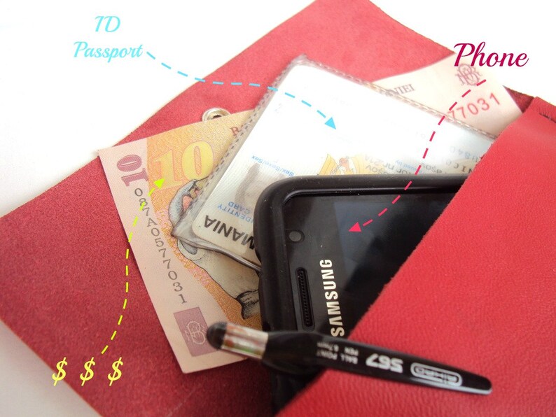 Cartera pequeña de cuero, neceser de cuero, neceser rojo, neceser, funda geométrica para teléfono, bolsa de viaje de cuero, regalo para mujer, cartera roja imagen 9