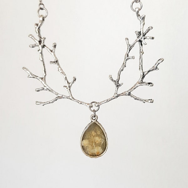 Silver Branch Necklace, Bohemian Twig Collar, Herbal Nature Jewelry, Woodland Forest Accessory, Enchanted Floral Jewelry, Unique Rustic Bib