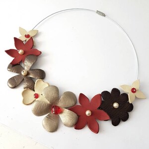 Floral Bib Necklace, Short Leather Choker, Brown Red Statement Jewelry, Eco-Friendly Women Collar, Beaded Pearl Jewelry, Flower Appliques image 7