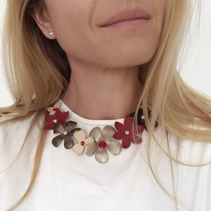 Floral Bib Necklace, Short Leather Choker, Brown Red Statement Jewelry, Eco-Friendly Women Collar, Beaded Pearl Jewelry, Flower Appliques image 8