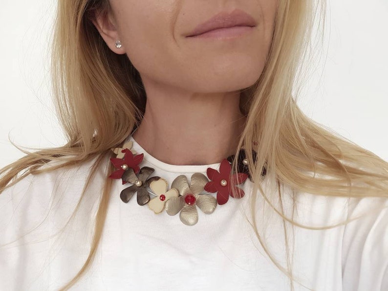 Floral Bib Necklace, Short Leather Choker, Brown Red Statement Jewelry, Eco-Friendly Women Collar, Beaded Pearl Jewelry, Flower Appliques image 8