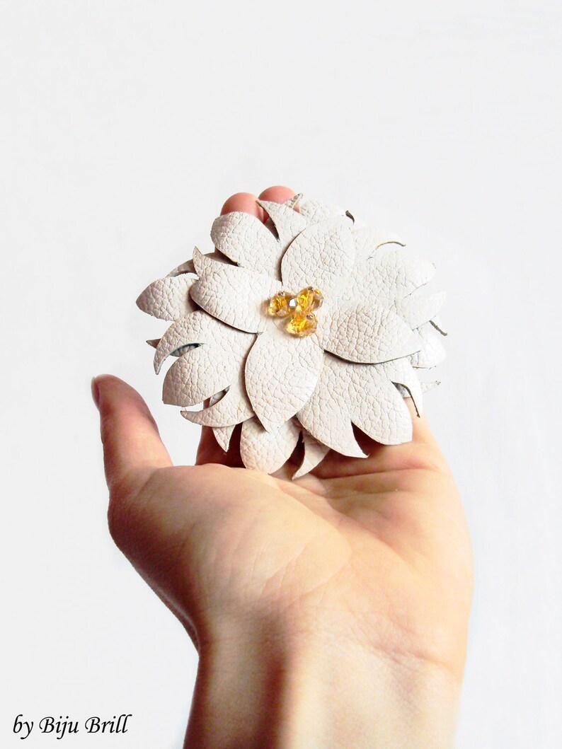 White Leather Flower Brooch, Statement Floral Pin, Bold Nature Jewelry, Oversized Leather Accessory, Nature Lover Gift, Eco Friendly Brooch image 5