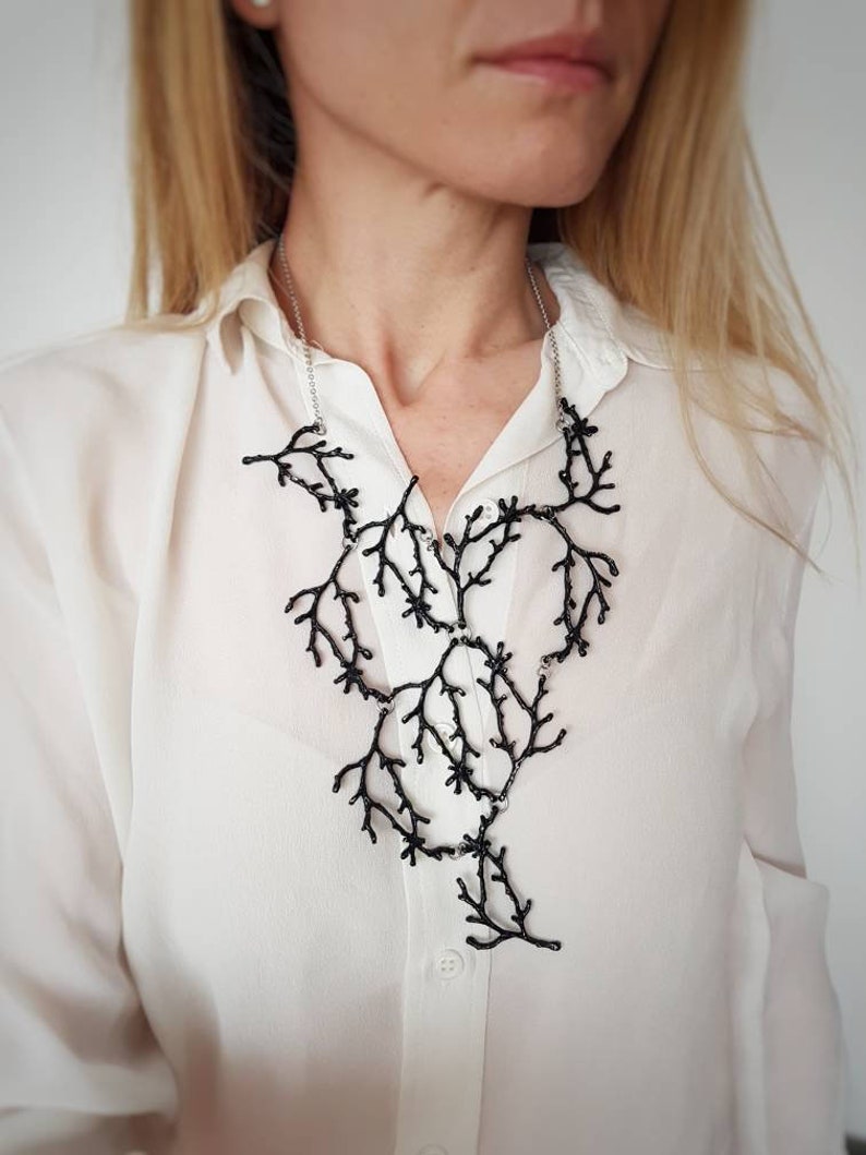 Statement Twig Necklace, Black Branch Cascading Necklace, Big Metal Bib, Oversized Nature Jewelry, Woodland Forest Jewels, Nature Lover Gift image 1