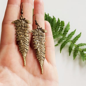 Long Fern Leaf Earrings, Forest Nature Lover, Bronze Botanical Leaves, Rustic Leaf Dangles, Woodland Boho Jewelry, Nature Cottagecore Jewels image 8