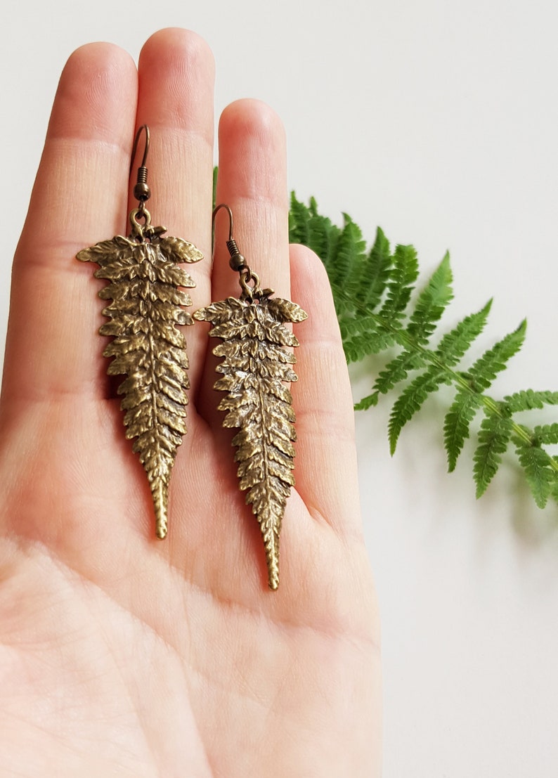 Long Fern Leaf Earrings, Forest Nature Lover, Bronze Botanical Leaves, Rustic Leaf Dangles, Woodland Boho Jewelry, Nature Cottagecore Jewels image 8