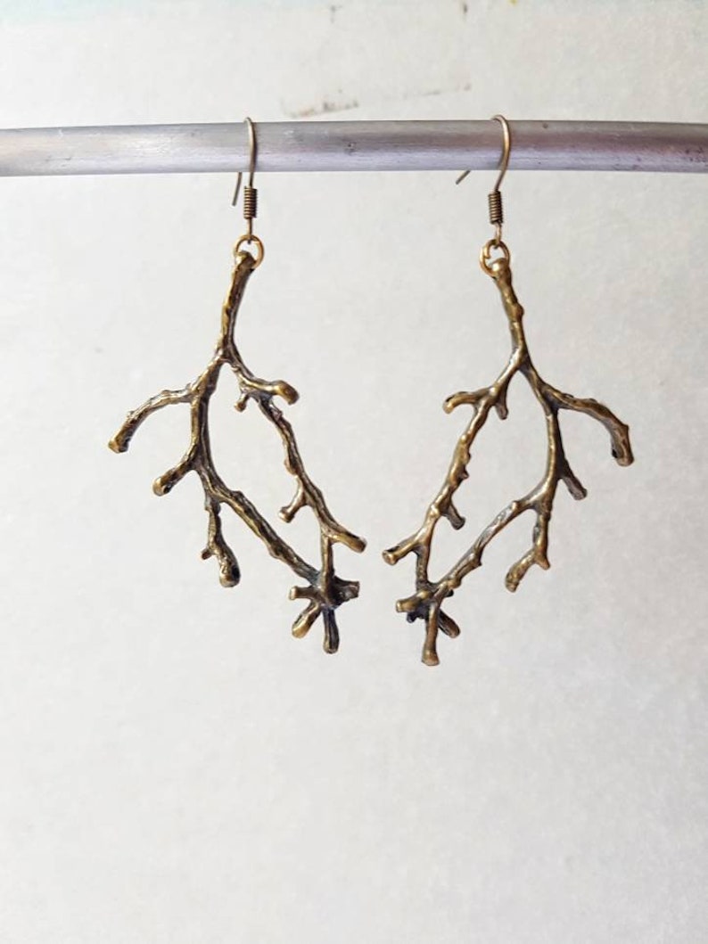 Bronze Branch Earrings, Forest Twig Dangles, Woodland Metal Tree Charms, Forest Lover Gift, Rustic Nature Jewelry, Enchanted Antlers Pendant image 6