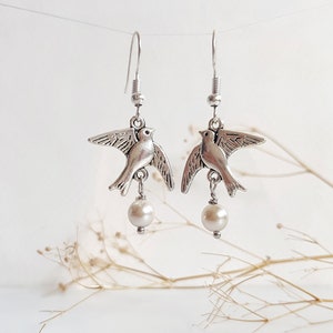 Silver Bird Earrings, Flying Swallow Pearl Dangles, Dainty Bohemian Jewelry, Nature Lover Gift, Wild Life Peace Dove, Minimalist Lightweight