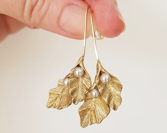 Raw Brass Leaf Hoop Earrings, Antique Gold Rustic Leaves, Brass Petal Pearl Drops, Botanical Nature Jewelry, Art Nouveau Wedding Accessory