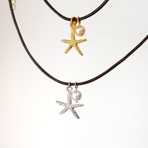 Collier de plage étoile de mer sur cordon en cuir marron, pendentif étoile de mer en argent doré avec perle, cadeau bohème pour amoureux de la mer, bijoux d'été bohème image 1