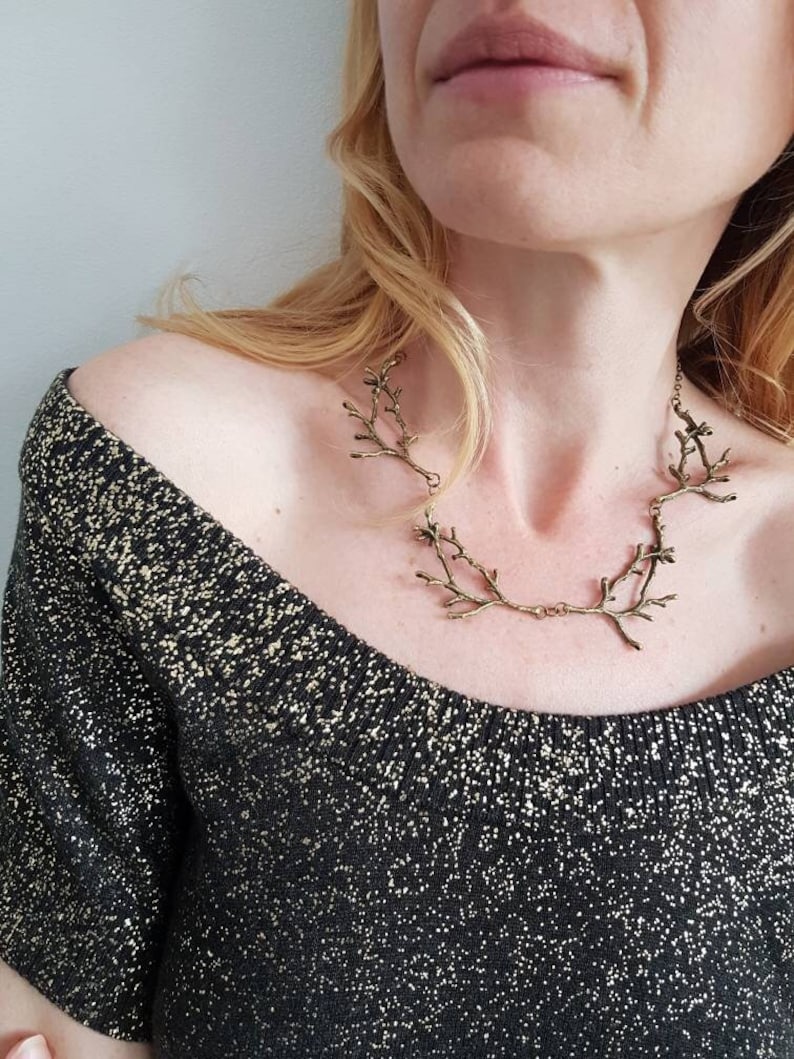 Bronze Branch Necklace, Forest Nature Jewelry, Woodland Rustic Choker, Boho Tree Collar for Nature Lover, Bold Enchanted Earthy Accessory image 1