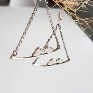 Silver Bird Chain Earrings, Lovebirds Chandelier Dangles, Dainty Bohemian Jewelry, Minimalist Nature Lover Gift, Whimsical Couples Gift Idea image 6