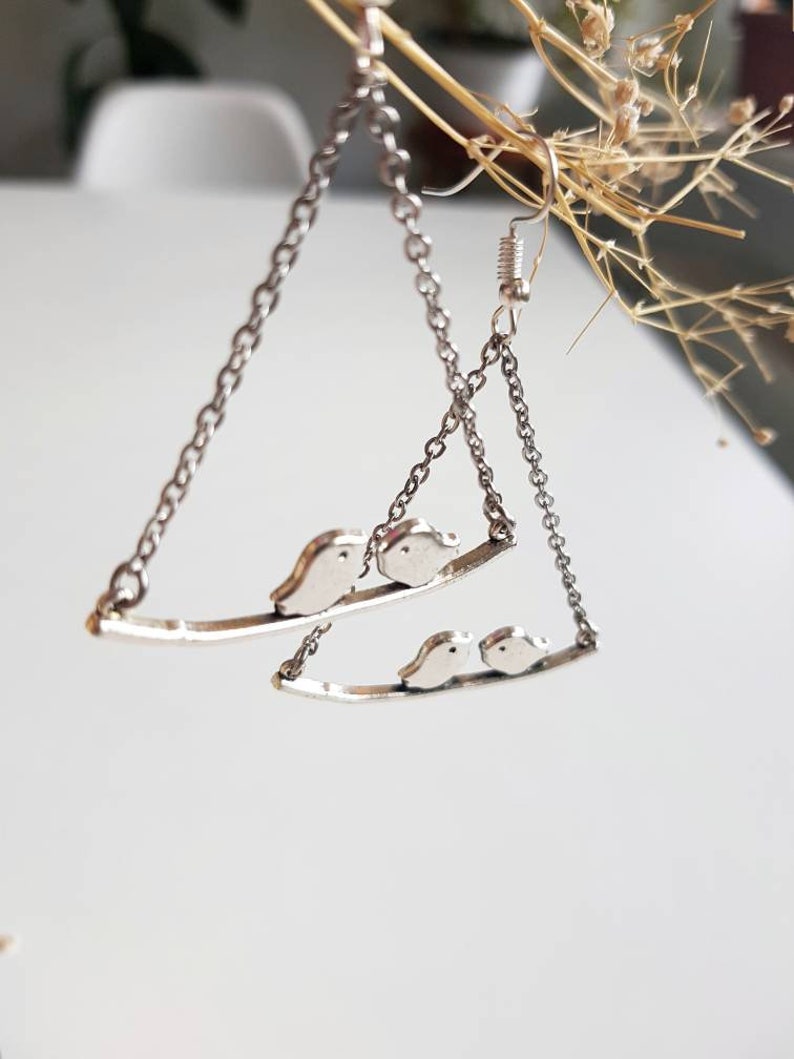 Silver Bird Chain Earrings, Lovebirds Chandelier Dangles, Dainty Bohemian Jewelry, Minimalist Nature Lover Gift, Whimsical Couples Gift Idea image 6