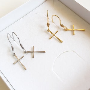 Minimalist Cross Earrings, Gold Stainless Steel Cross Dangles, Waterproof Non-tarnish Jewels, Hypoallergenic Religious Tiny Cross Ear Jewels image 10