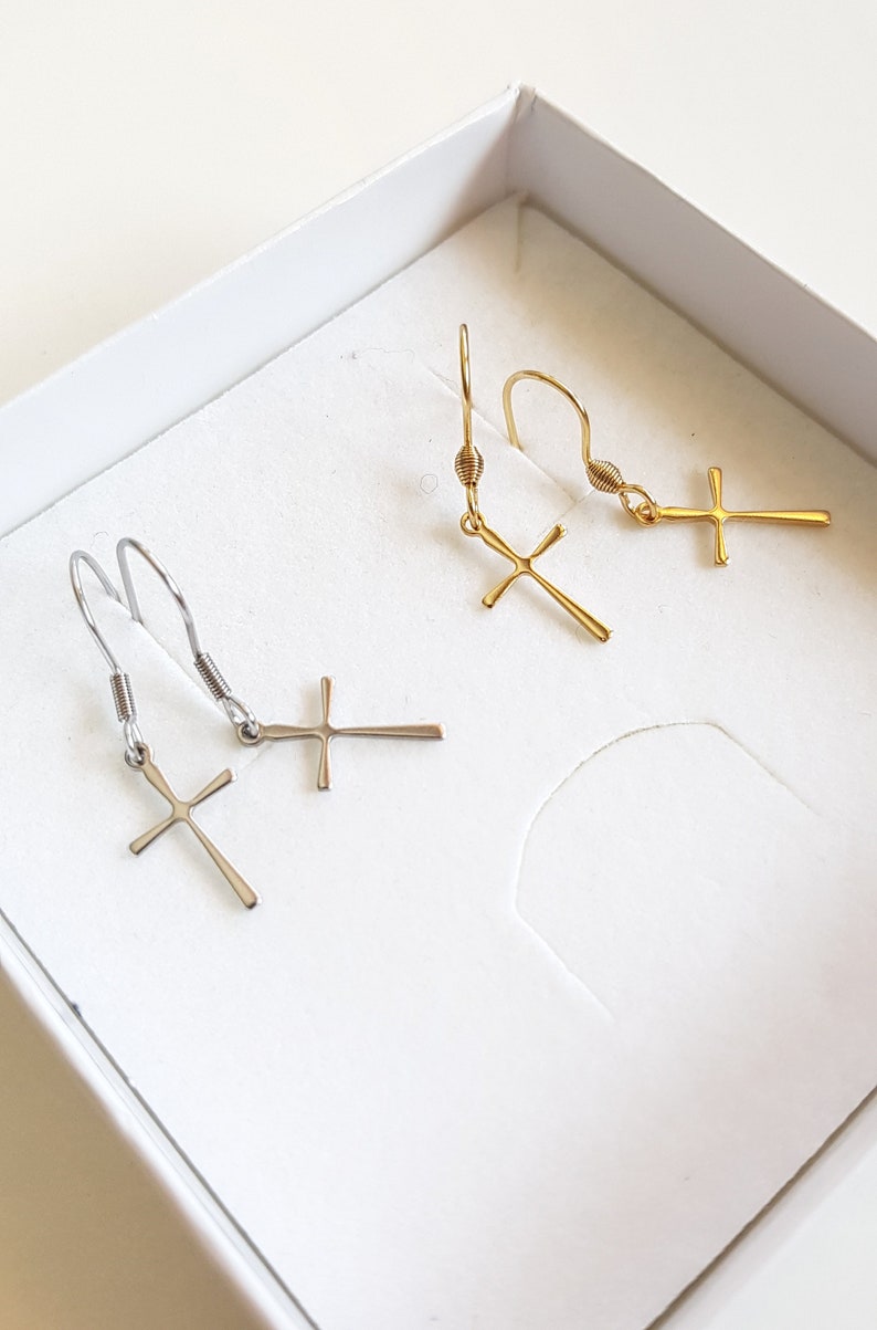 Minimalist Cross Earrings, Gold Stainless Steel Cross Dangles, Waterproof Non-tarnish Jewels, Hypoallergenic Religious Tiny Cross Ear Jewels image 10