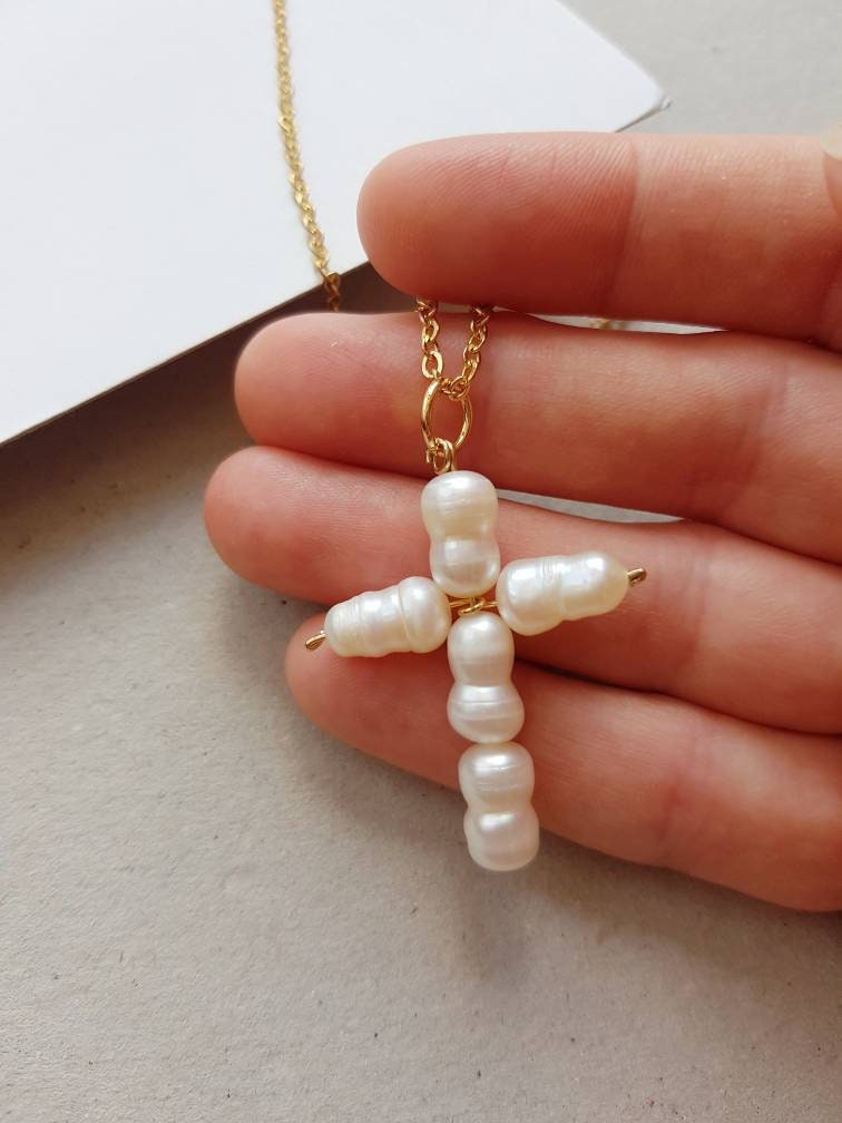Pearl Cross Necklace, Greek Cross Pendant, Modern Religious