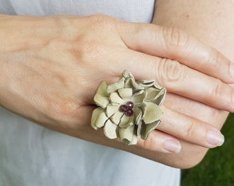 Statement Flower Ring in Beige Leather, Floral Romantic Jewelry, Up-cycled Leather Accessory, Nature Lover Gift, Bold Ruffled Bohemian Ring