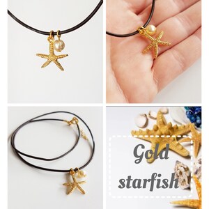 Starfish Beach Necklace on Brown Leather Cord, Gold Silver Starfish Pendant with Pearl, Bohemian Ocean Sea Lover Gift, Boho Summer Jewelry Gold plated